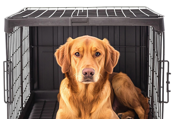 A dog in a crate