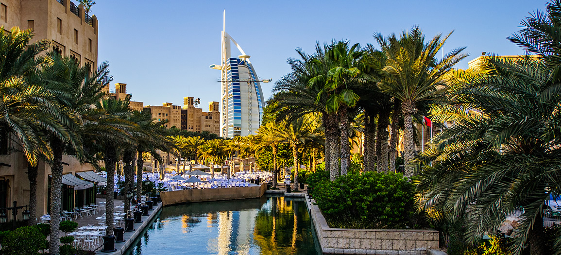 Dubai, UAE - view for burj al arab hotel from the madinat jumeirah in Dubai