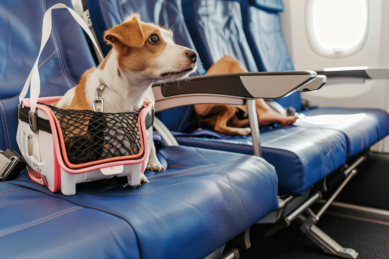 Traveling with pet on airplane Traveling with pet on airplane passenger traveling with their pet dog pet carrier is stowed