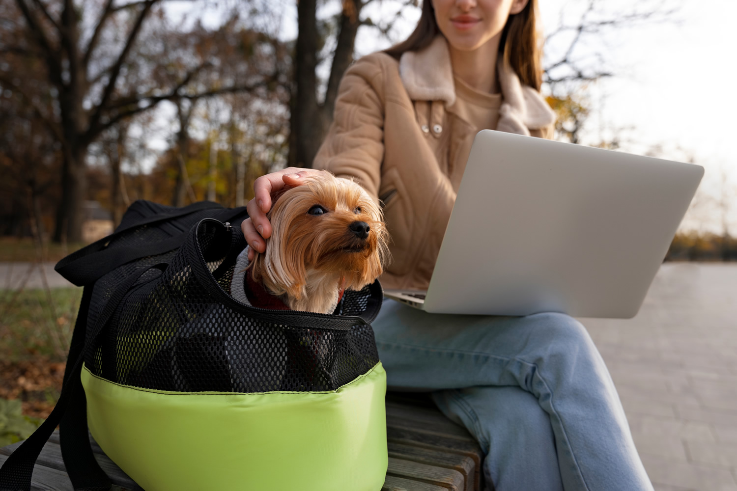 Woman with dog outdoors Front view woman with dog outdoors